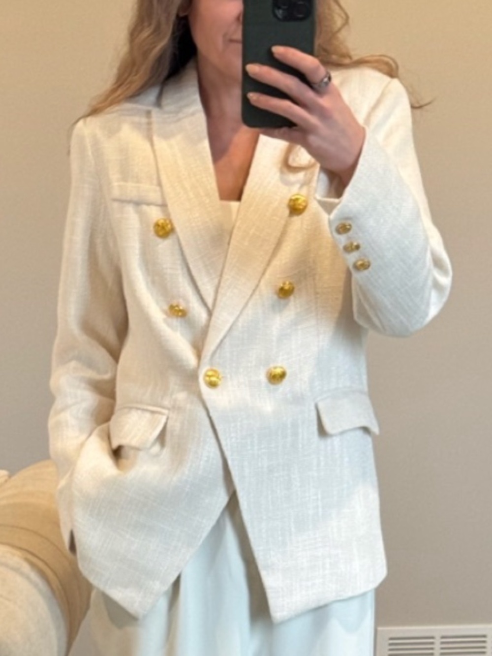 White Textured Double-Breasted Blazer with Gold-Tone Buttons – Medium
